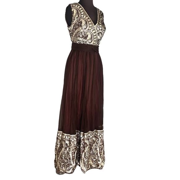 Vtg 60s Silk Chiffon Gold Metallic Brocade Regency Glam Dress Sz S Old Hollywood - Picture 2 of 8